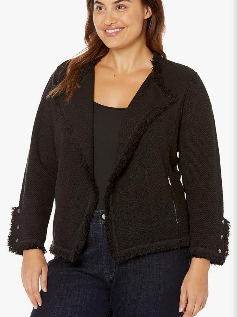 NIC+ZOE Black Fringe-Trim Open Cardigan Jacket